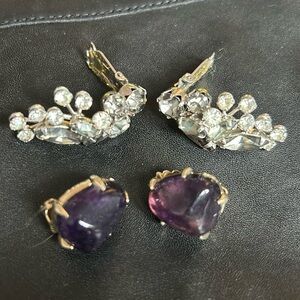 Vintage costume, jewelry, earrings, 2 pairs. Rhinestones & purple. Silver tone.